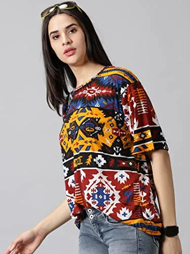 RodZen Oversized Cotton Blend All Over Printed Loose Fit T-Shirt for Women/Girls (RZW01SANGI-2XL_Multicolored_2XL)