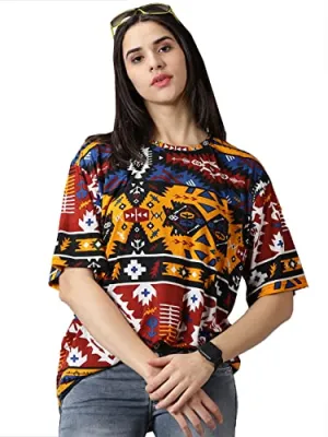 RodZen Oversized Cotton Blend All Over Printed Loose Fit T-Shirt for Women/Girls (RZW01SANGI-2XL_Multicolored_2XL)