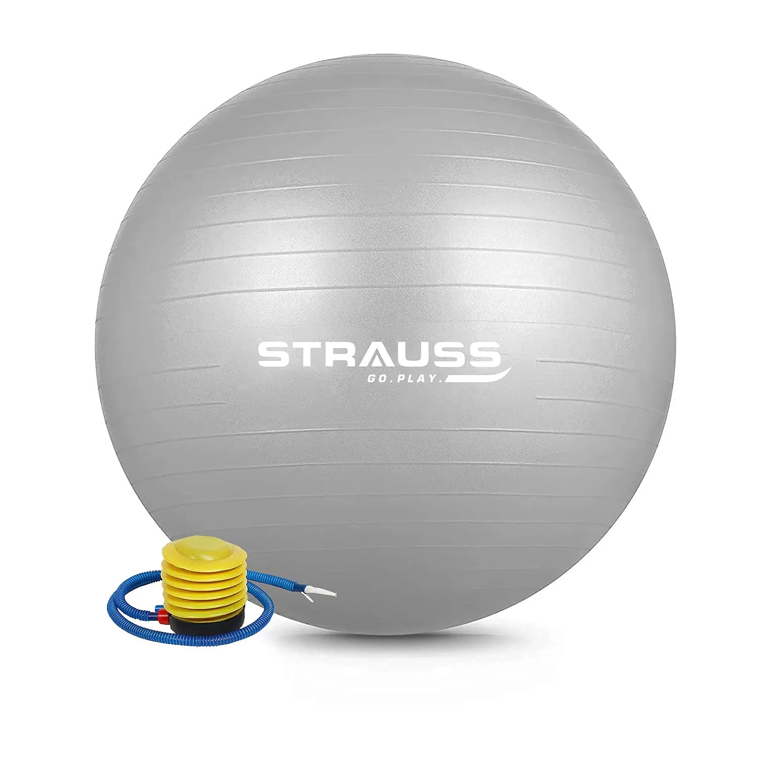 STRAUSS Anti-Burst Rubber Gym Ball with Free Foot Pump | Round Shape Swiss Ball for Exercise, Workout, Yoga, Pregnancy, Birthing, Balance & Stability, 55 cm, (Grey)