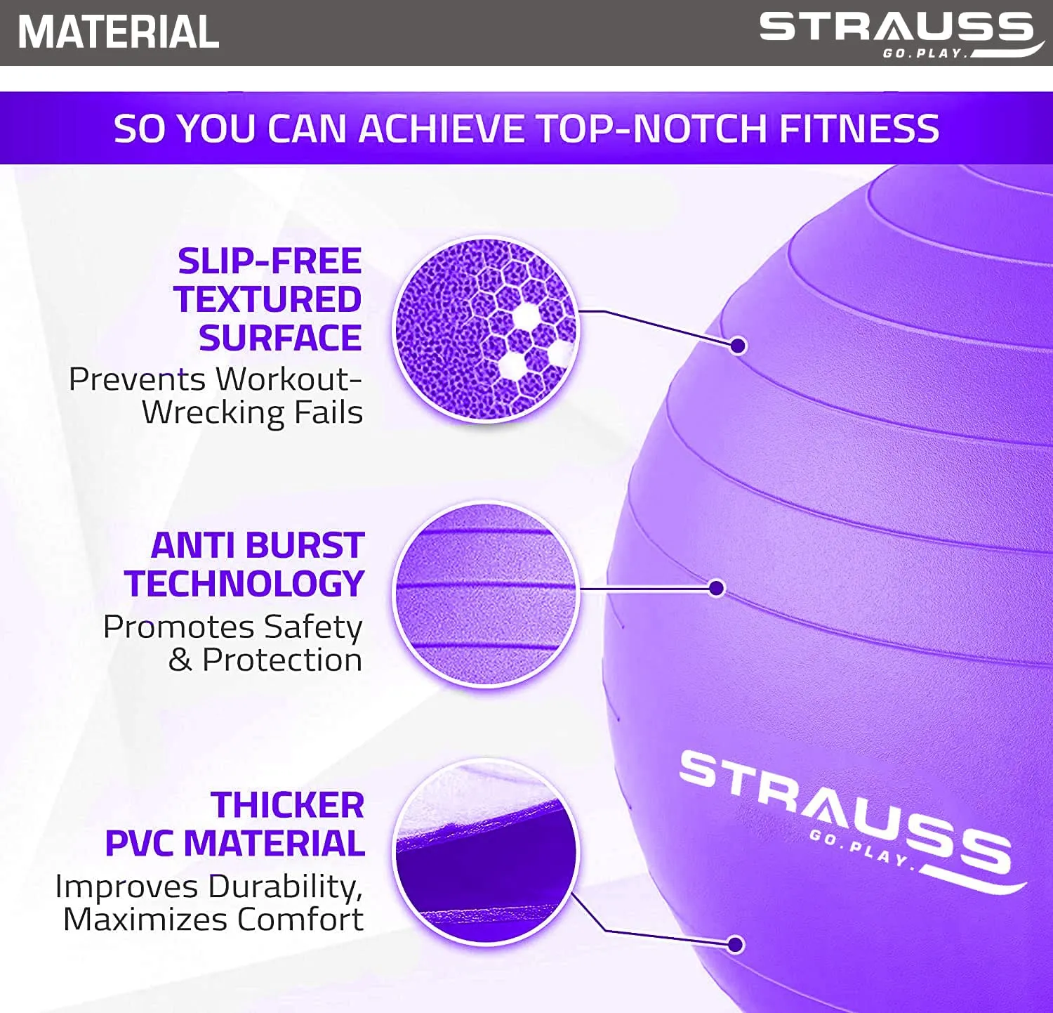 STRAUSS Anti-Burst Rubber Gym Ball with Free Foot Pump | Round Shape Swiss Ball for Exercise, Workout, Yoga, Pregnancy, Birthing, Balance & Stability, 55 cm, (Purple)