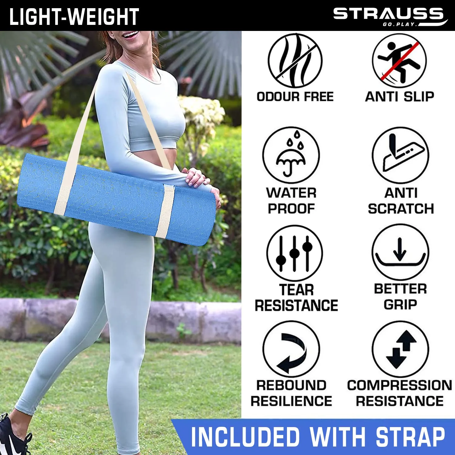 Strauss TPE Yoga Mat | Exercise Mat For Home Workout, Gym and Yoga Sessions | Anti Slip Gym Mat | Workout Mat For Men, Women and Kids | Yoga Mat With Carry Strap | Thickness: 6MM,(Sky Blue)