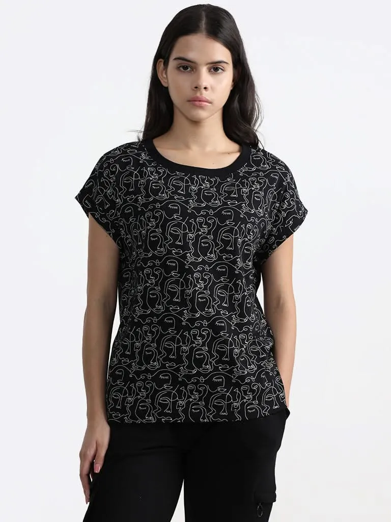 Studiofit Black Face Printed Cotton T-Shirt