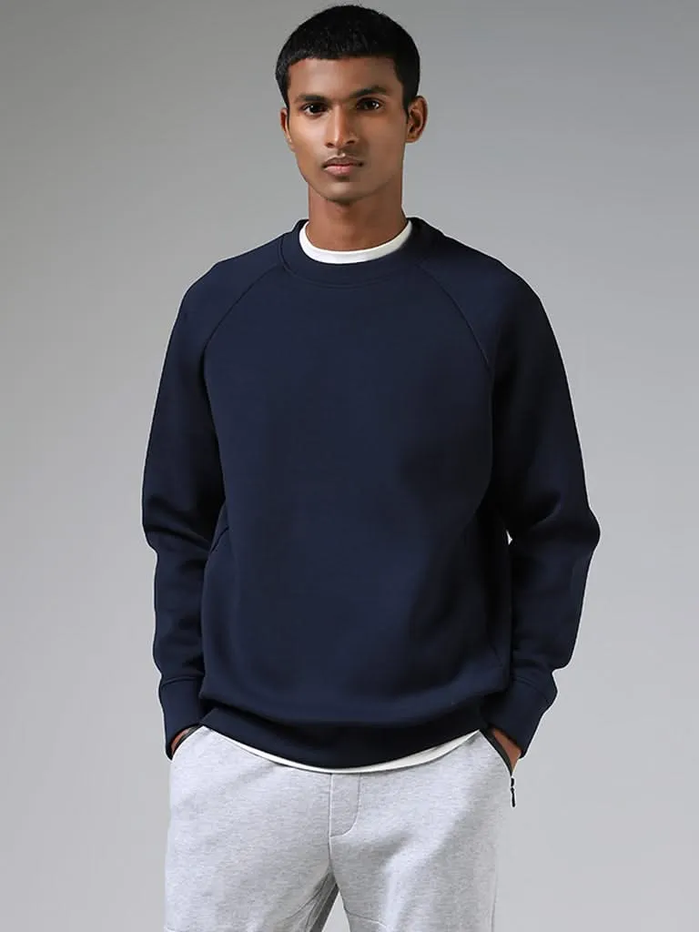 Studiofit Solid Navy Ribbed Relaxed-Fit Sweatshirt