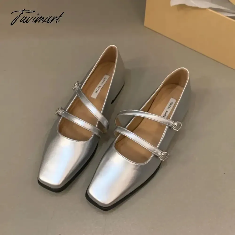 TAVIMART -  Designer Shoes for Women Low Heels Dress Shoes Double Buckle Mary Janes Shoes Square Toe Chunky Heel Leather Shoes Spring 1612N