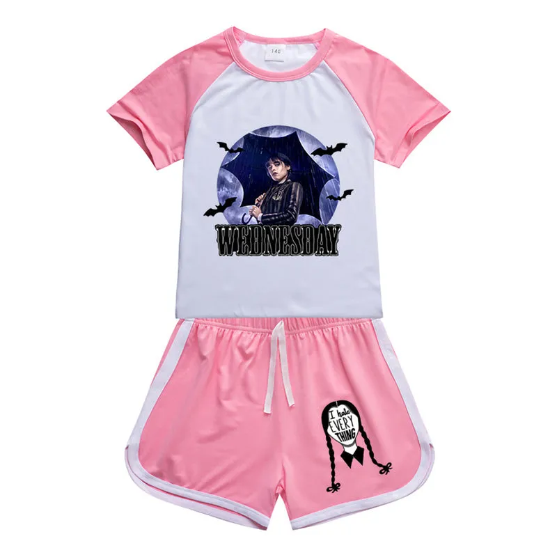 Wednesday Addams Sports Suit Nevermore Academy Sportswear T-shirt Shorts For Kids Summer