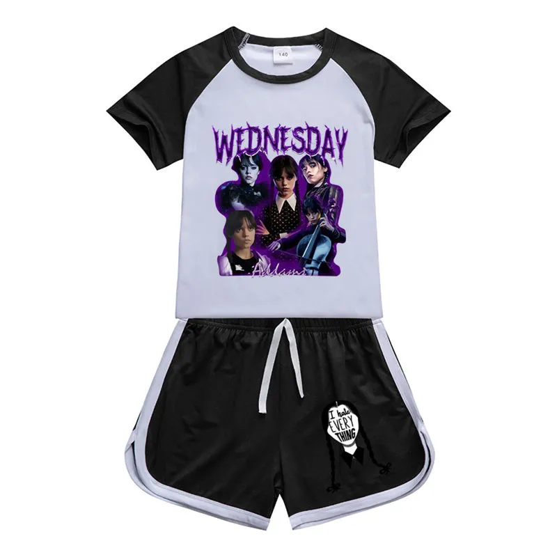 Wednesday Addams Sports Suit Nevermore Academy Sportswear T-shirt Shorts For Kids Summer