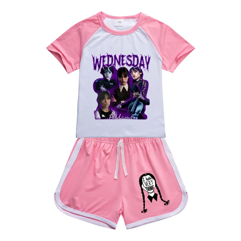 Wednesday Addams Sports Suit Nevermore Academy Sportswear T-shirt Shorts For Kids Summer