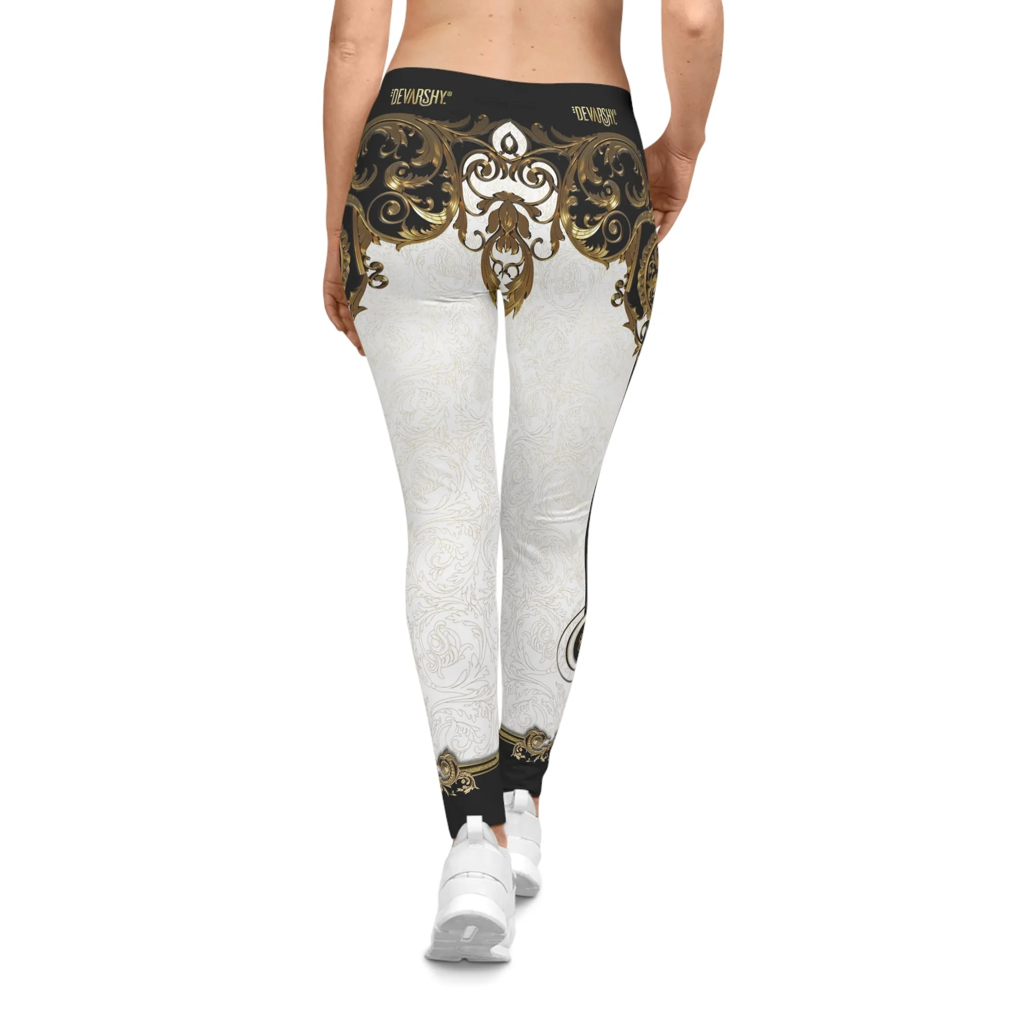 White Baroque Leggings Women Decorative Golden Leggings Casual Wear Spandex Leggings Best Gift Women Lounge Wear | 104922B