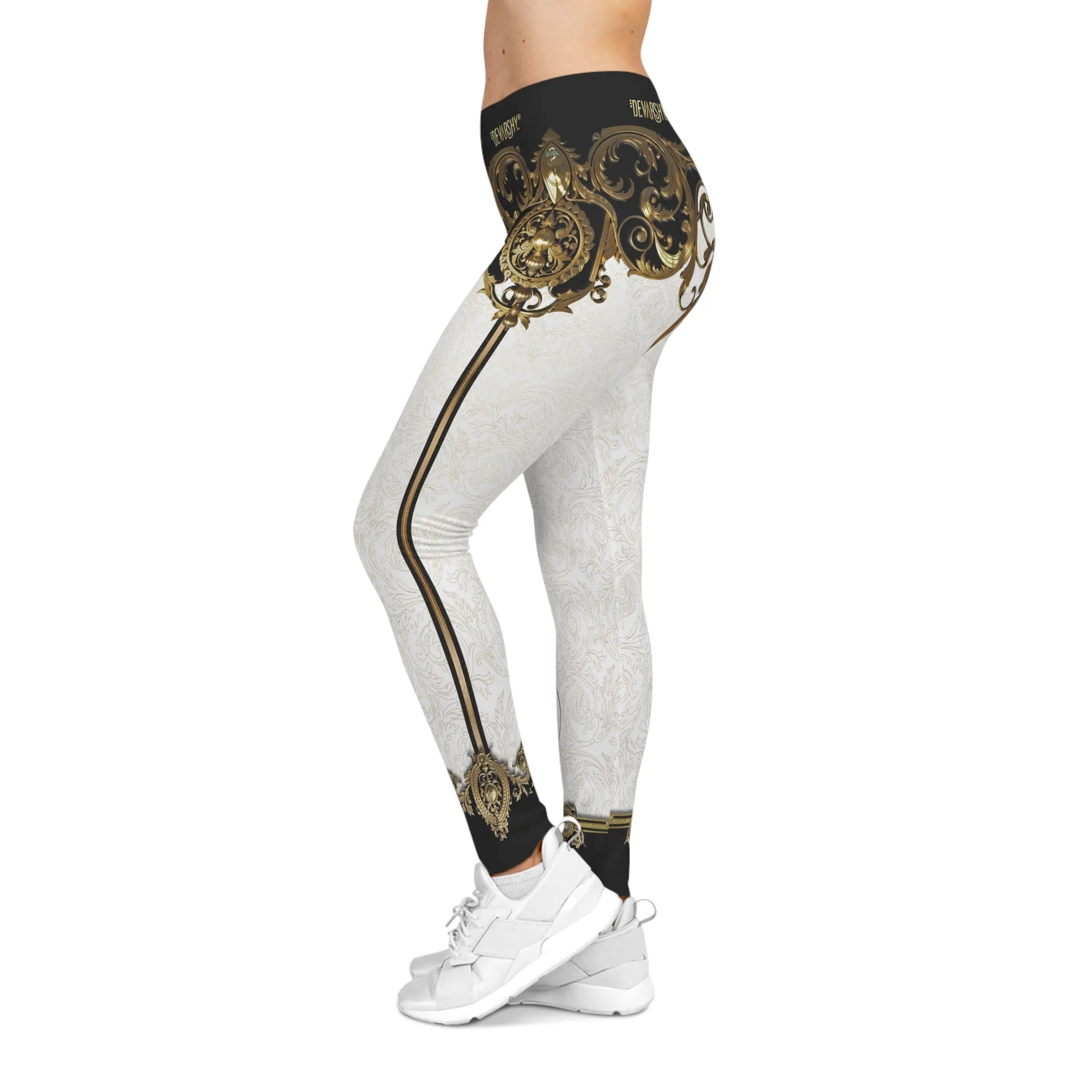 White Baroque Leggings Women Decorative Golden Leggings Casual Wear Spandex Leggings Best Gift Women Lounge Wear | 104922B