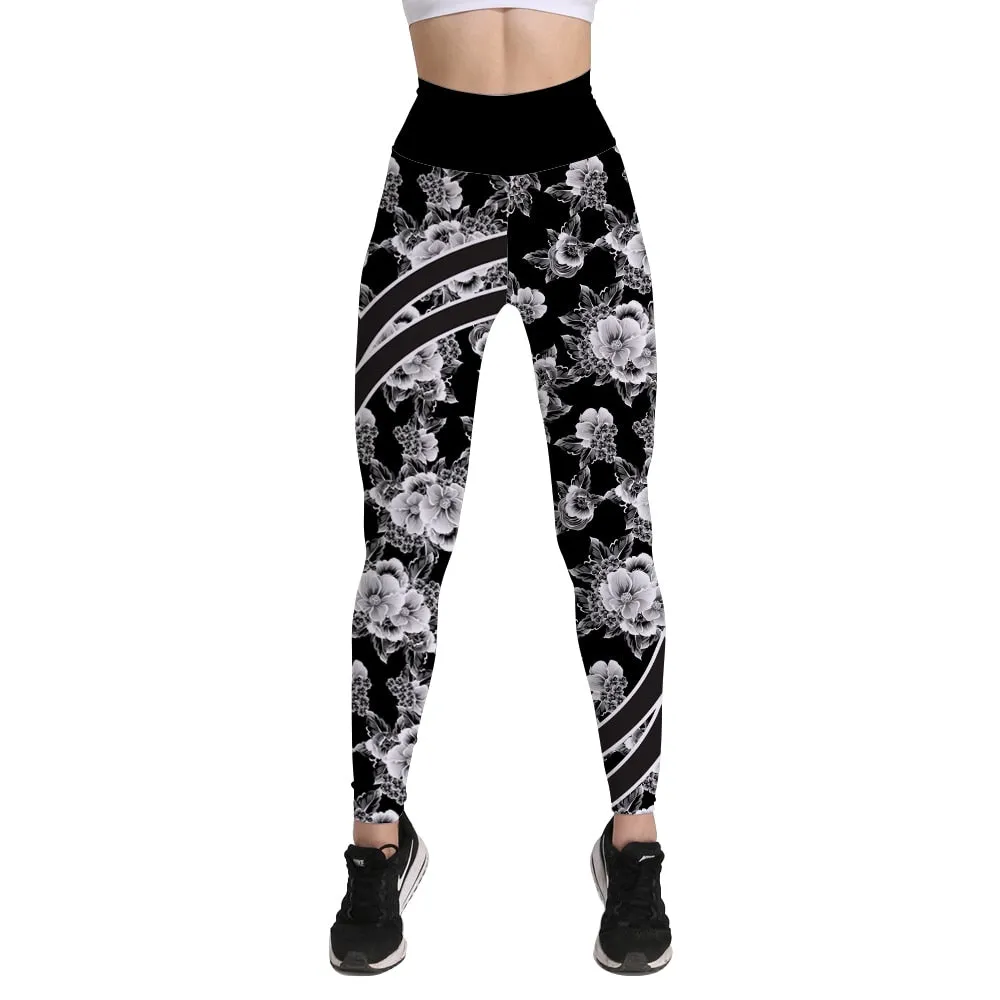 White Flower Print Sports Leggings