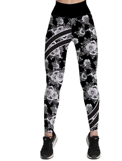 White Flower Print Sports Leggings