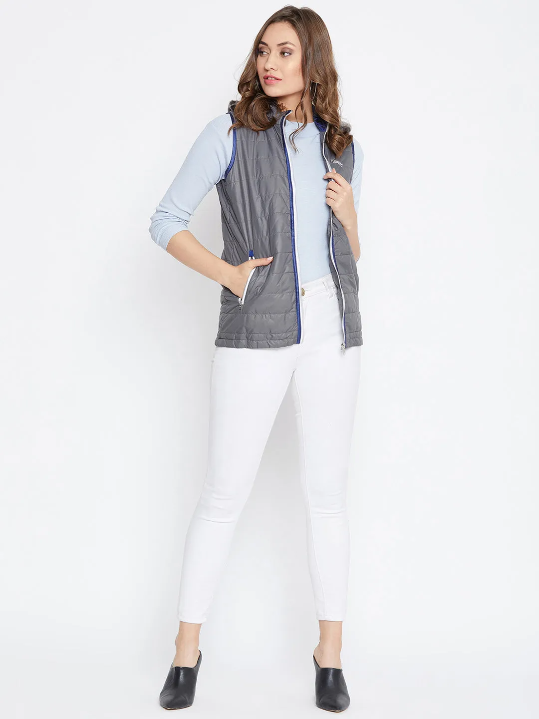 Women Grey Casual Quilted Jacket