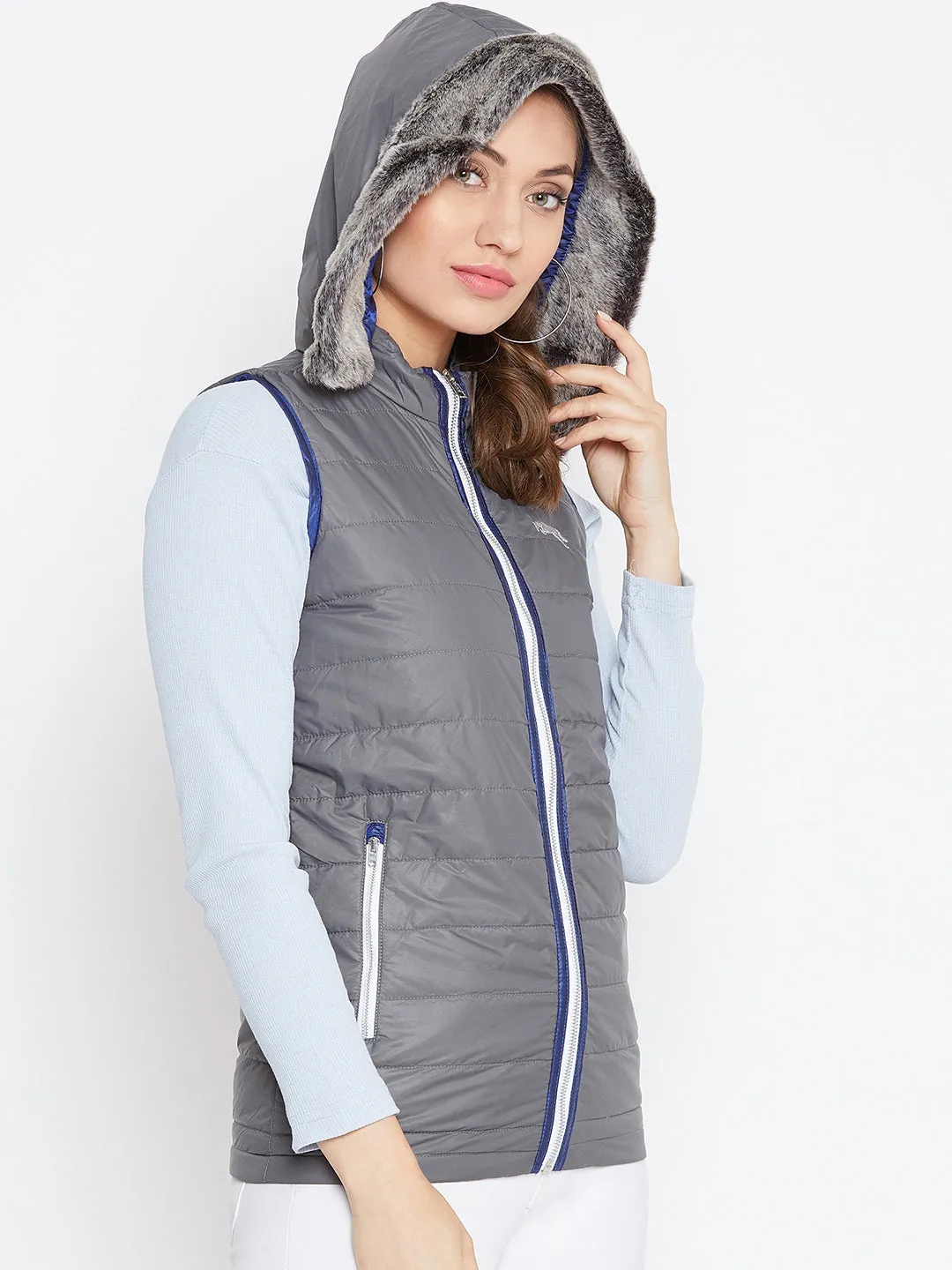 Women Grey Casual Quilted Jacket