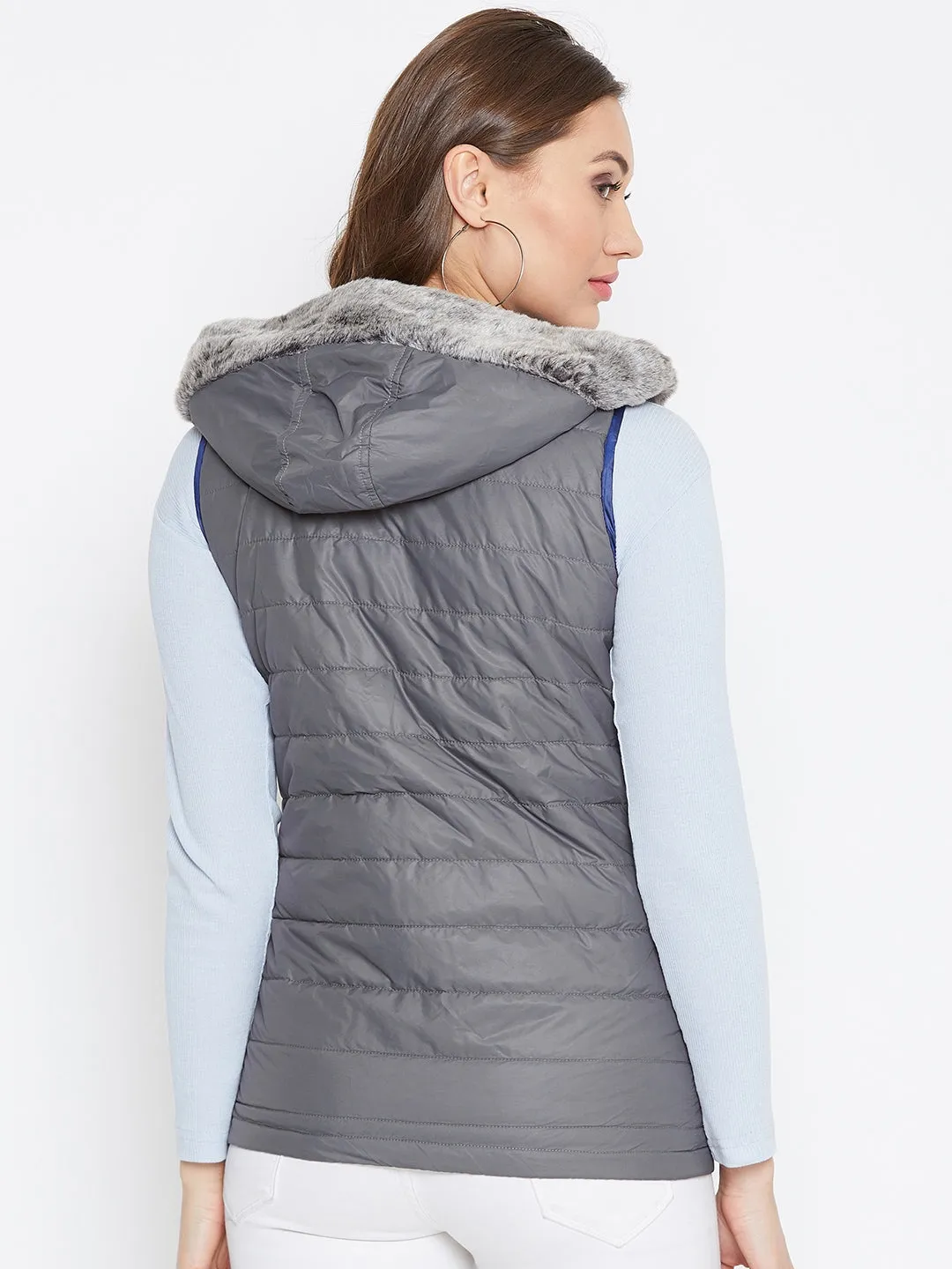 Women Grey Casual Quilted Jacket