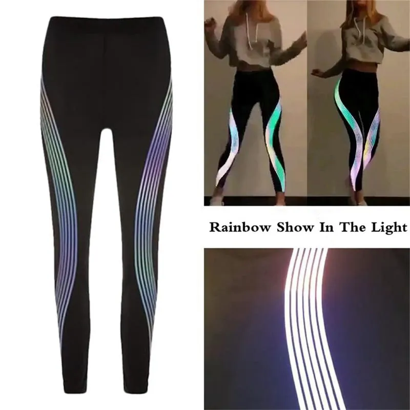 Women High Waist Iridescent Reflective Stripes Yoga Pants