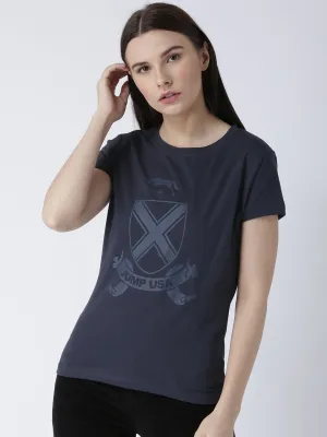 Women Navy Blue Solid Round Neck T-shirt