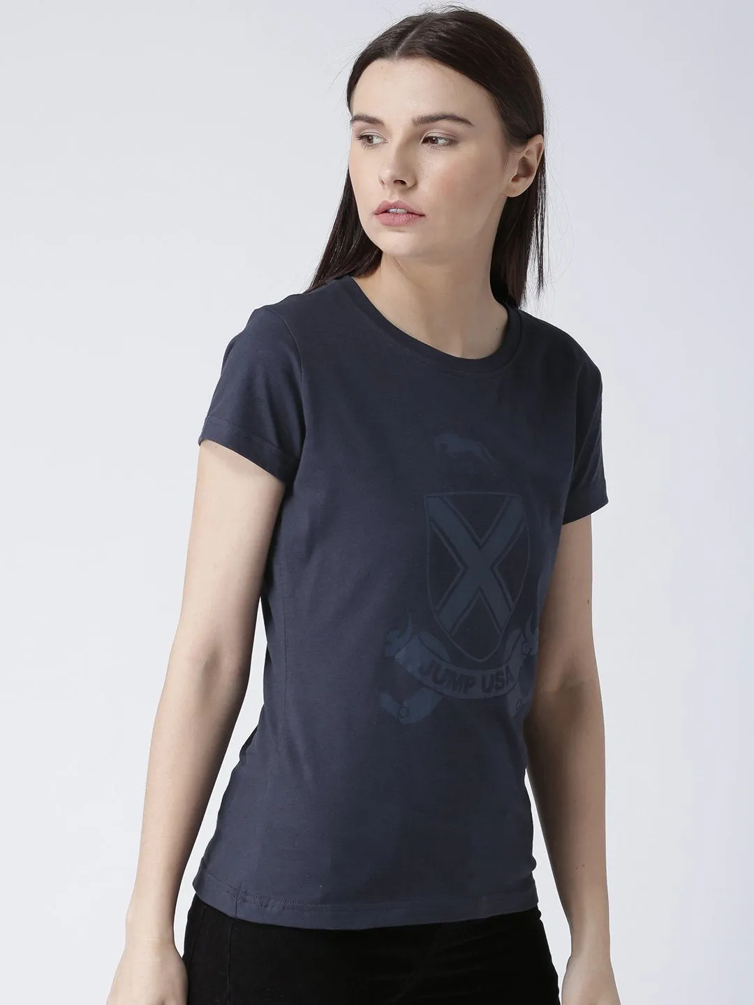 Women Navy Blue Solid Round Neck T-shirt