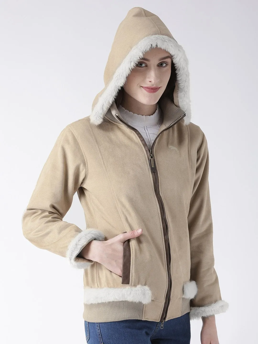 Women Polyster Casual Long Sleeve  Beige Winter Jacket