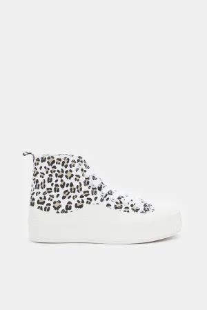 Women White Animal Print Hightop Shoes