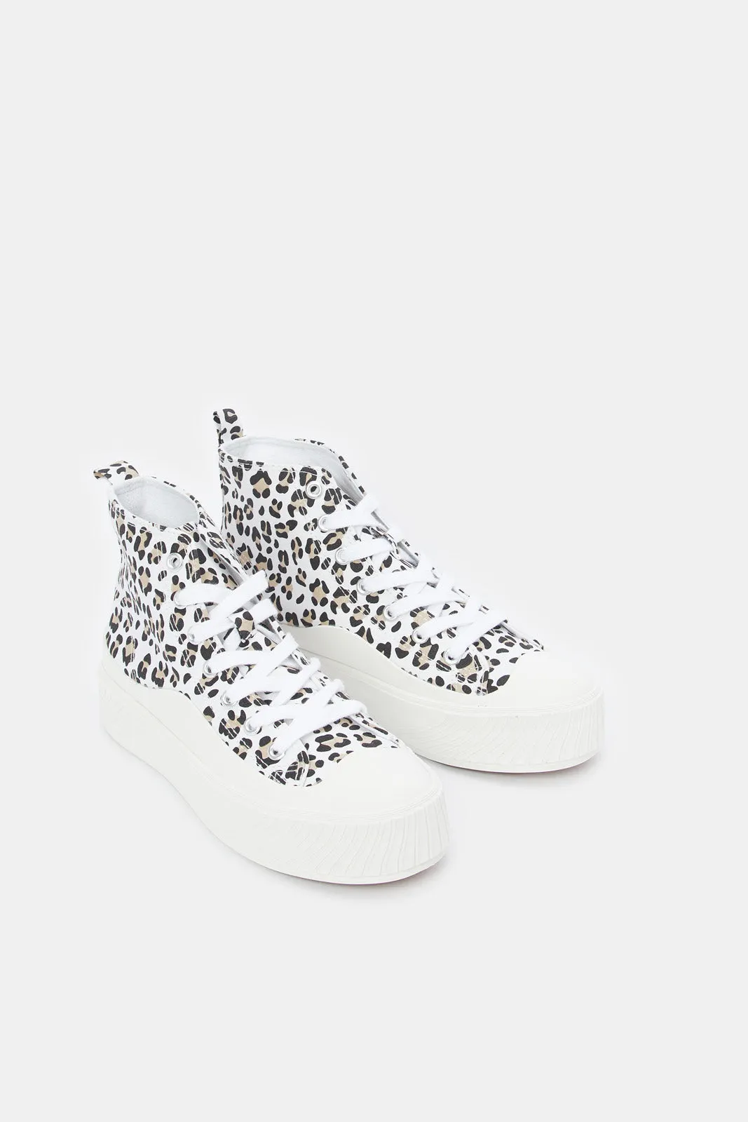 Women White Animal Print Hightop Shoes