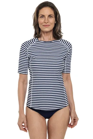 Women's Hightide Short Sleeve Swim Shirt  |  White/Navy Stripe